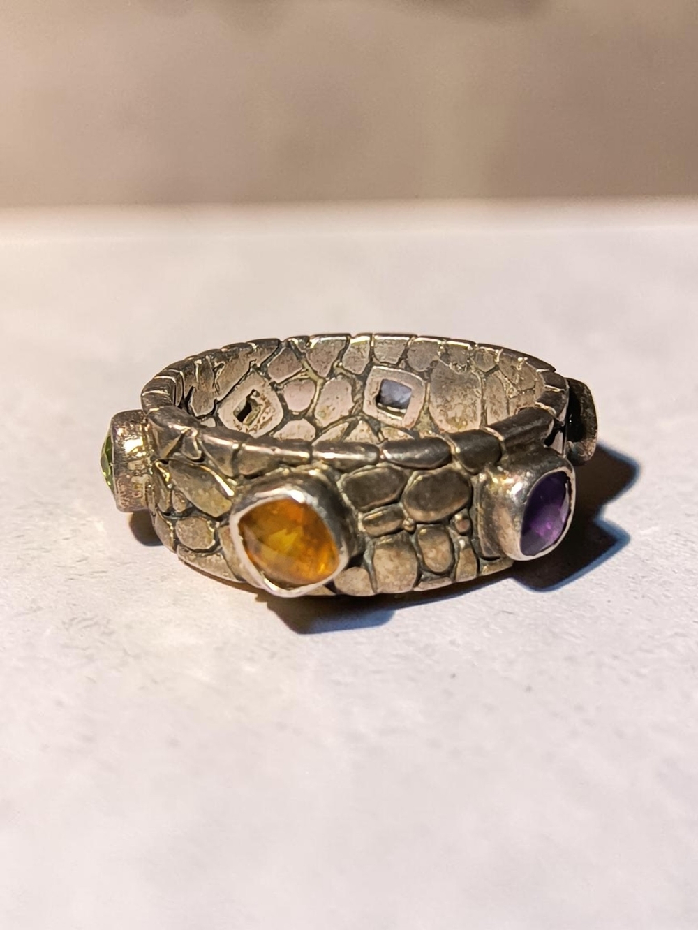 Sterling Silver Artisan Multi-Gemstone Pebble Textured Band Ring